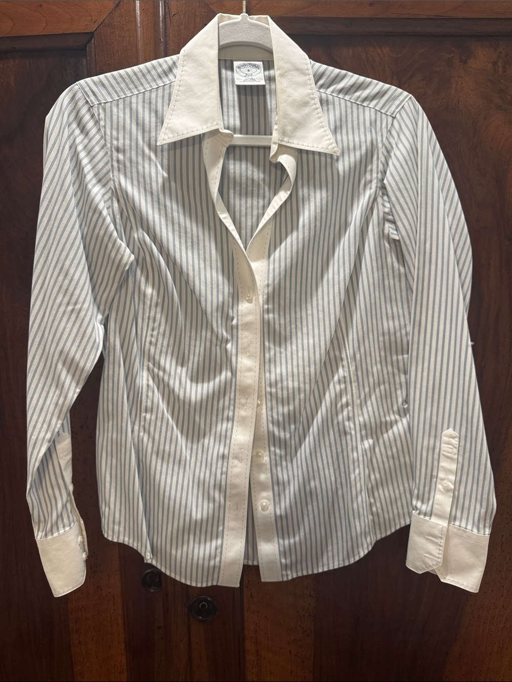 Brooks Brothers White Shirt with Light Blue Pinstripes and White Contrast Collar